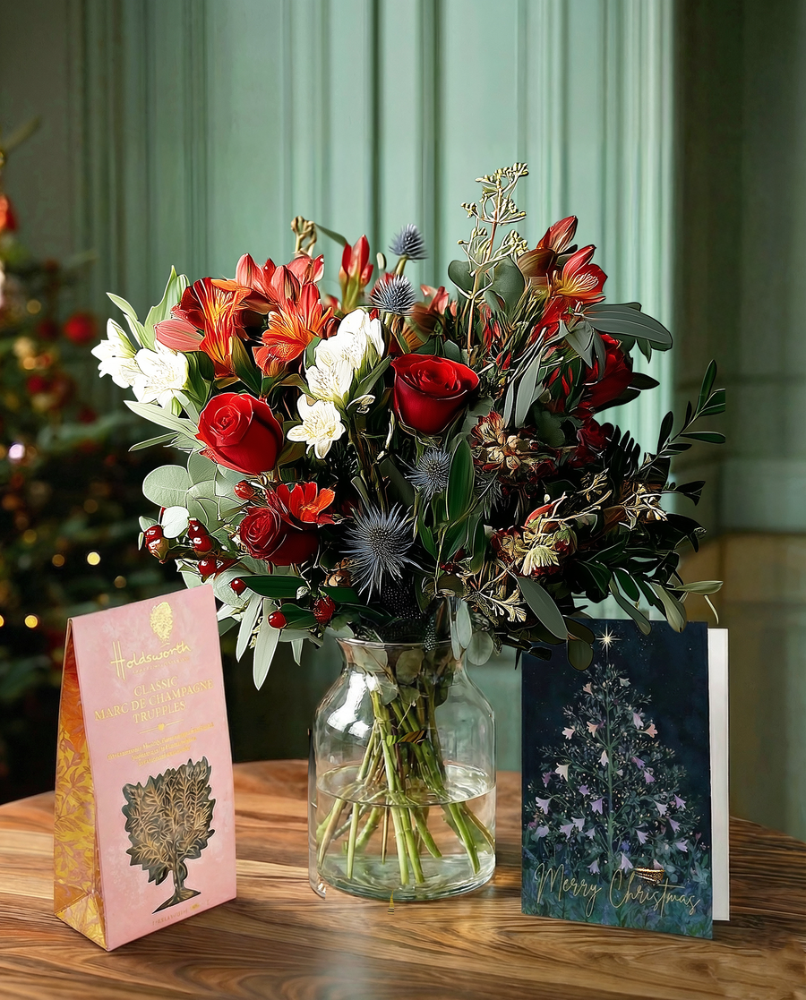 'Gloria' Bundle | Flowers + Vase + Chocolates + Card - Guernsey Flowers by Post