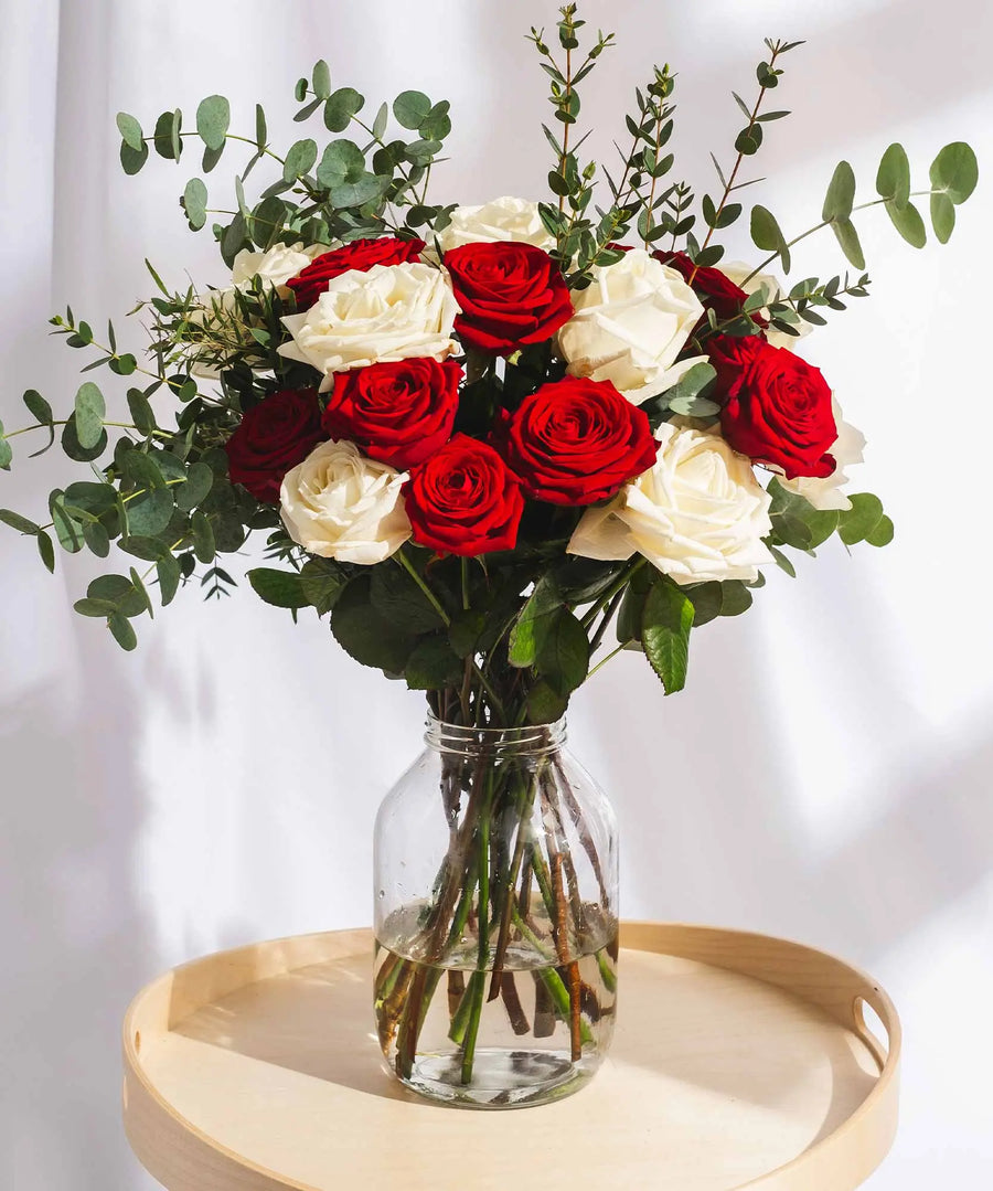 Red & White Roses with Foilage - Guernsey Flowers by Post
