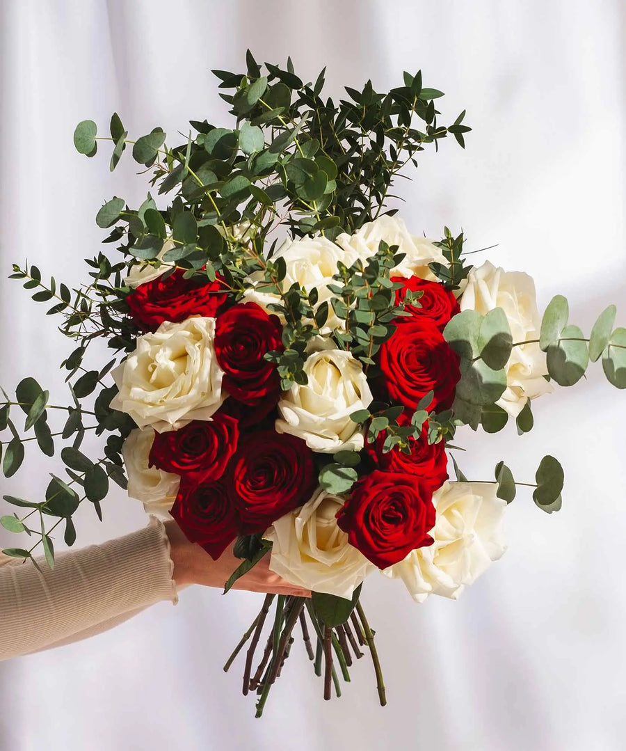 Red & White Roses with Foilage - Guernsey Flowers by Post